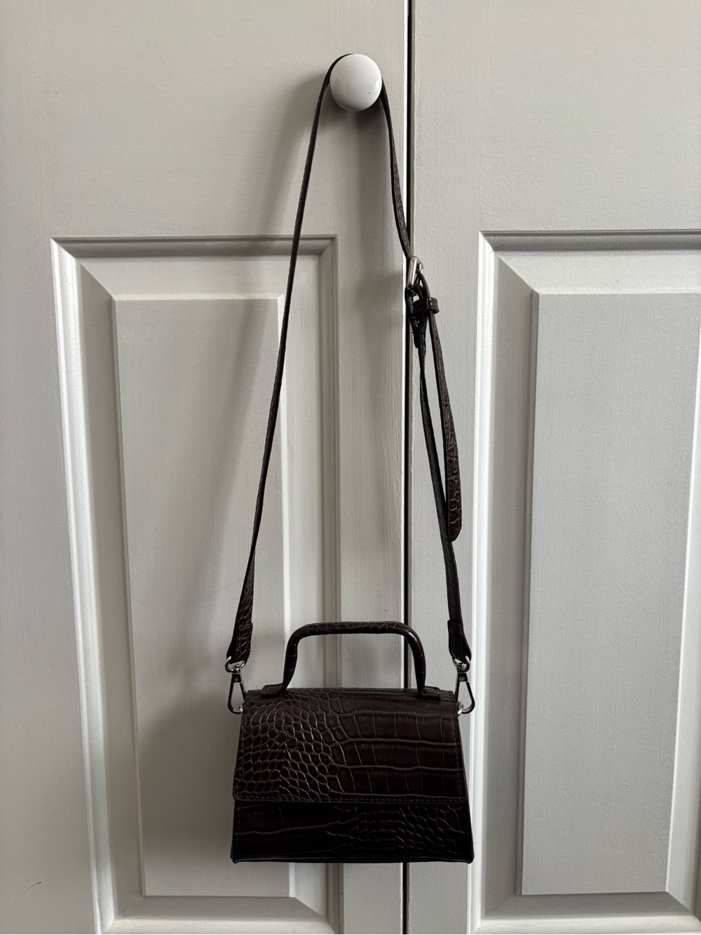 Zara Croc-Embossed Top-Handle Satchel in Dark Brown - Picture 3 of 9